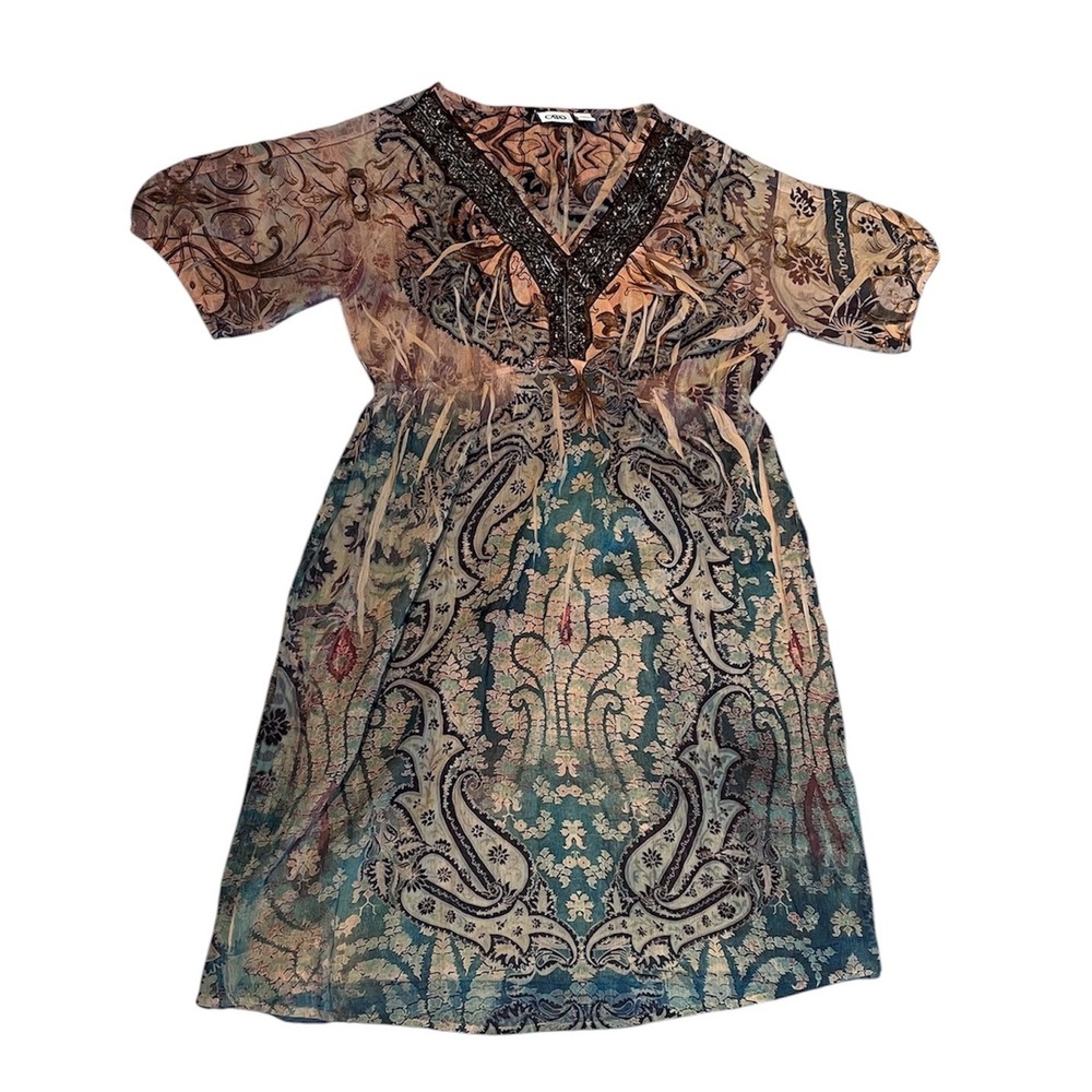 Y2K Tunic Dress Boho Paisley Whimsigoth Cato Women M Teal Tan Embellished V Neck